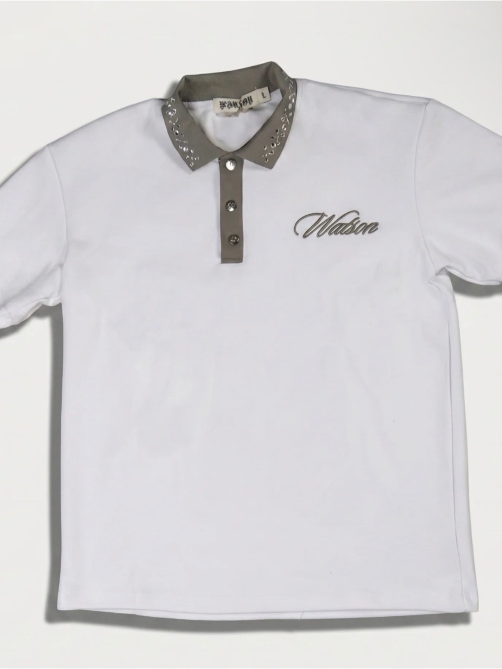 💎👕💎 Watson White Polo with Gray Rhinestone Studded Collar